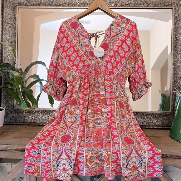 New Plunge V Neck Boho Print Mini Dress Pink Open Tie Back Coverup - Picture 2 of 8